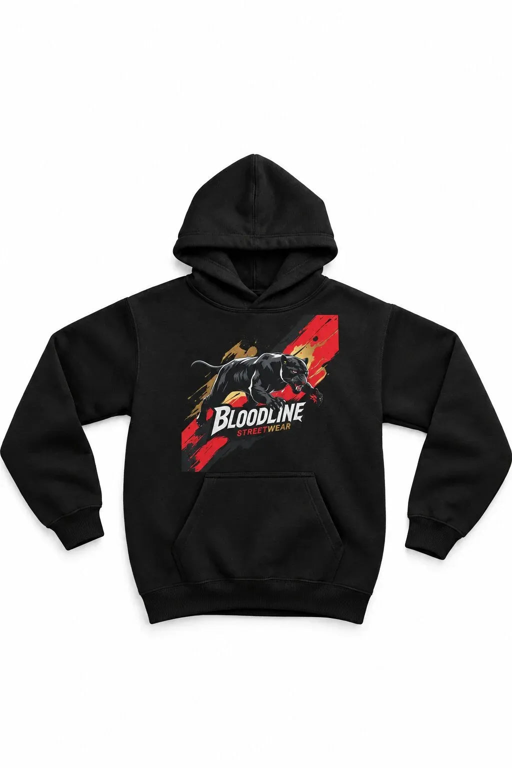 A black pullover hoodie featuring a graphic print on the front with a black bull, a red and orange abstract shape, and the text 'BLOODLINE' in white.